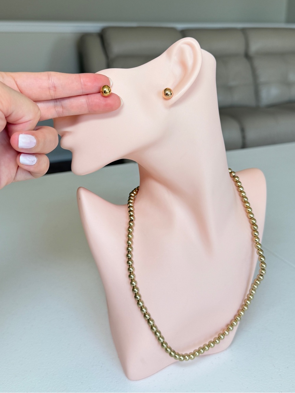 Classic Gold Ball Stud Earrings and Beaded Necklace Set